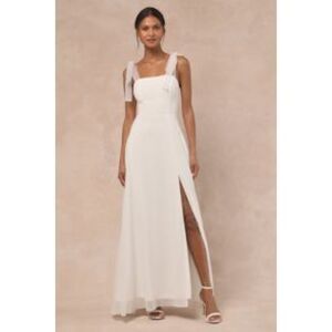 Lulu's White Tie-Strap Square Neck Slit Maxi Dress